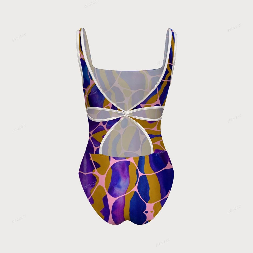 Color Wave Abstract Print Women's One-piece Swimsuit With Back Mesh Knot