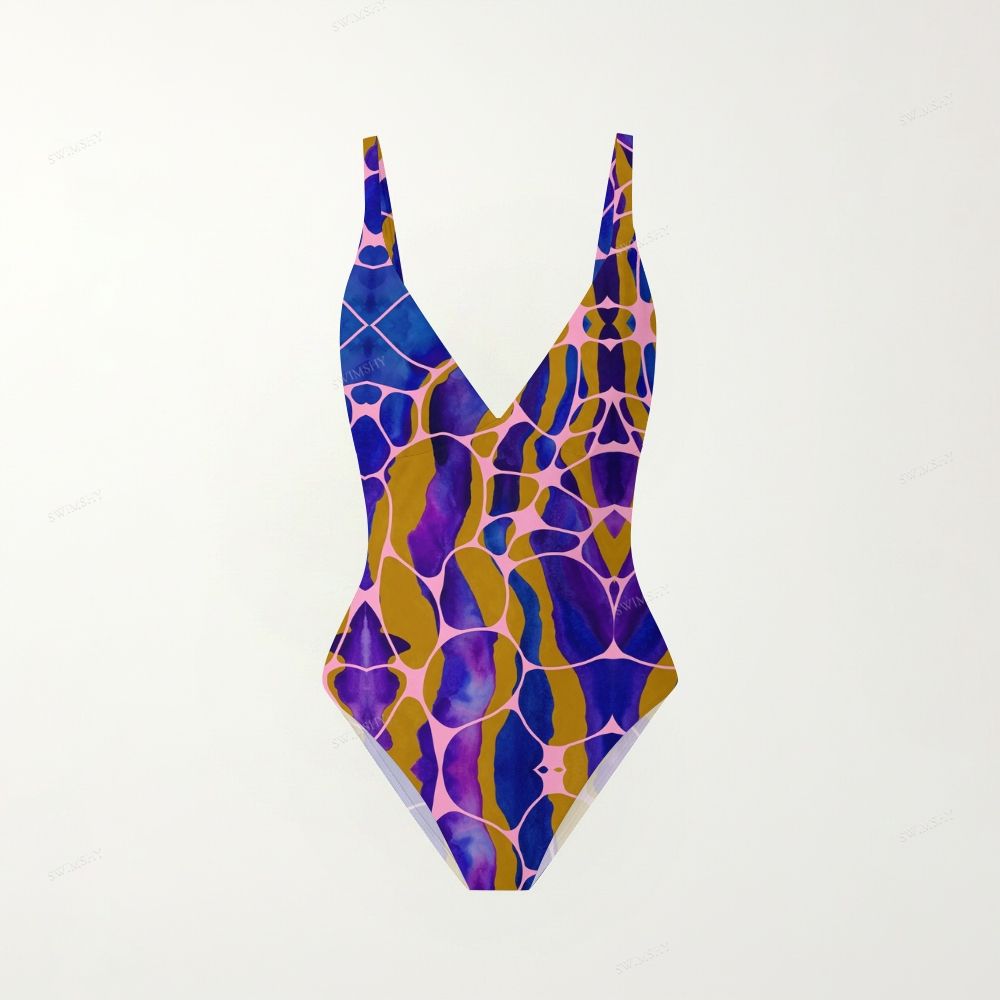 Color Wave Abstract Print Plunging V-Back One-Piece Swimsuit