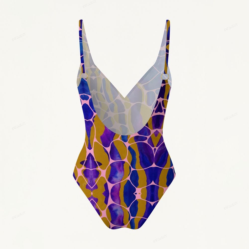 Color Wave Abstract Print Plunging V-Back One-Piece Swimsuit