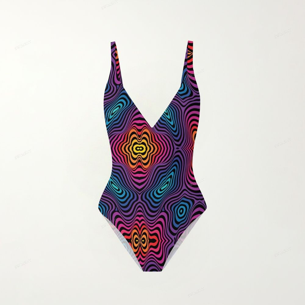 Rainbow Swirl Print Plunging V-Back One-Piece Swimsuit