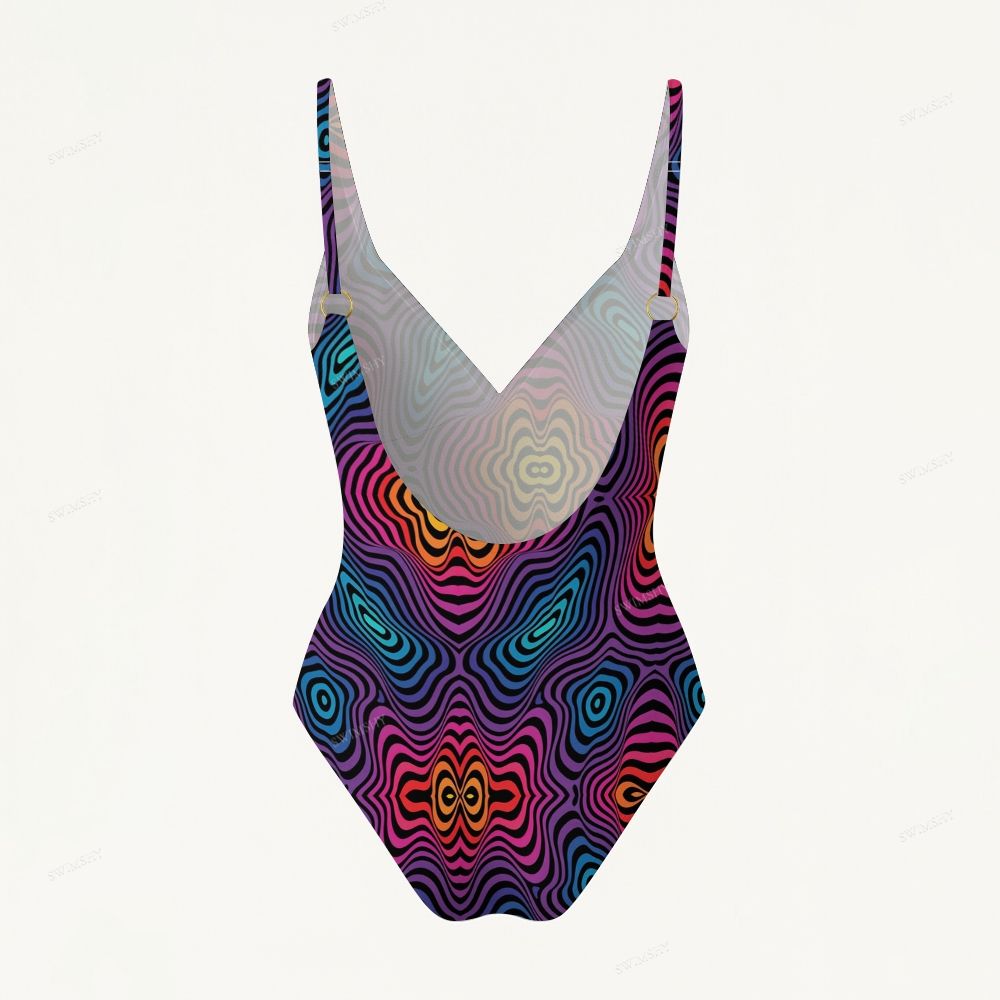 Rainbow Swirl Print Plunging V-Back One-Piece Swimsuit