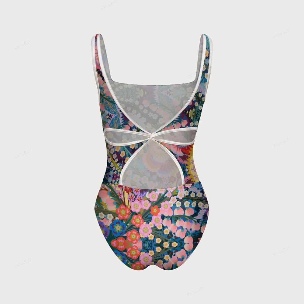 Vibrant Tropical Floral Print Women's One-piece Swimsuit With Back Mesh Knot