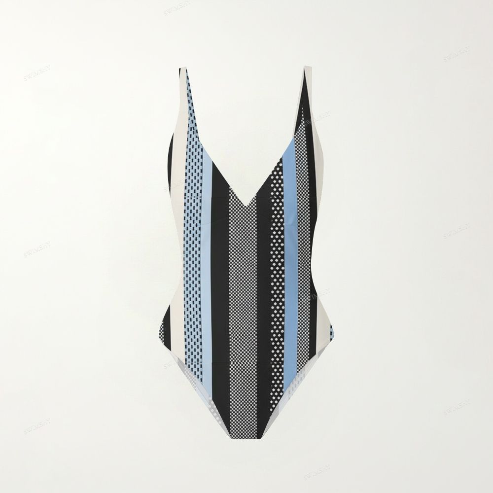 Modern Stripe & Dot Panel Print Plunging V-Back One-Piece Swimsuit