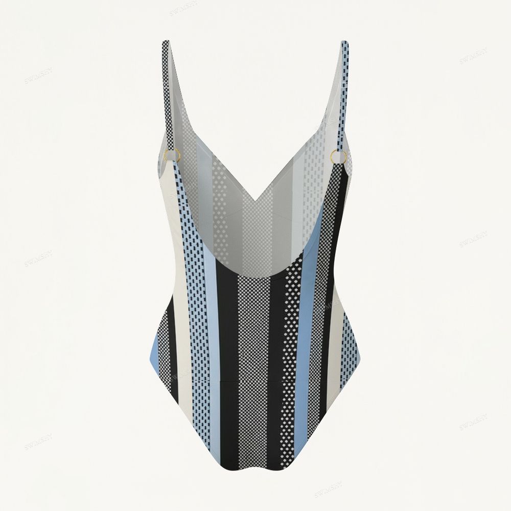 Modern Stripe & Dot Panel Print Plunging V-Back One-Piece Swimsuit
