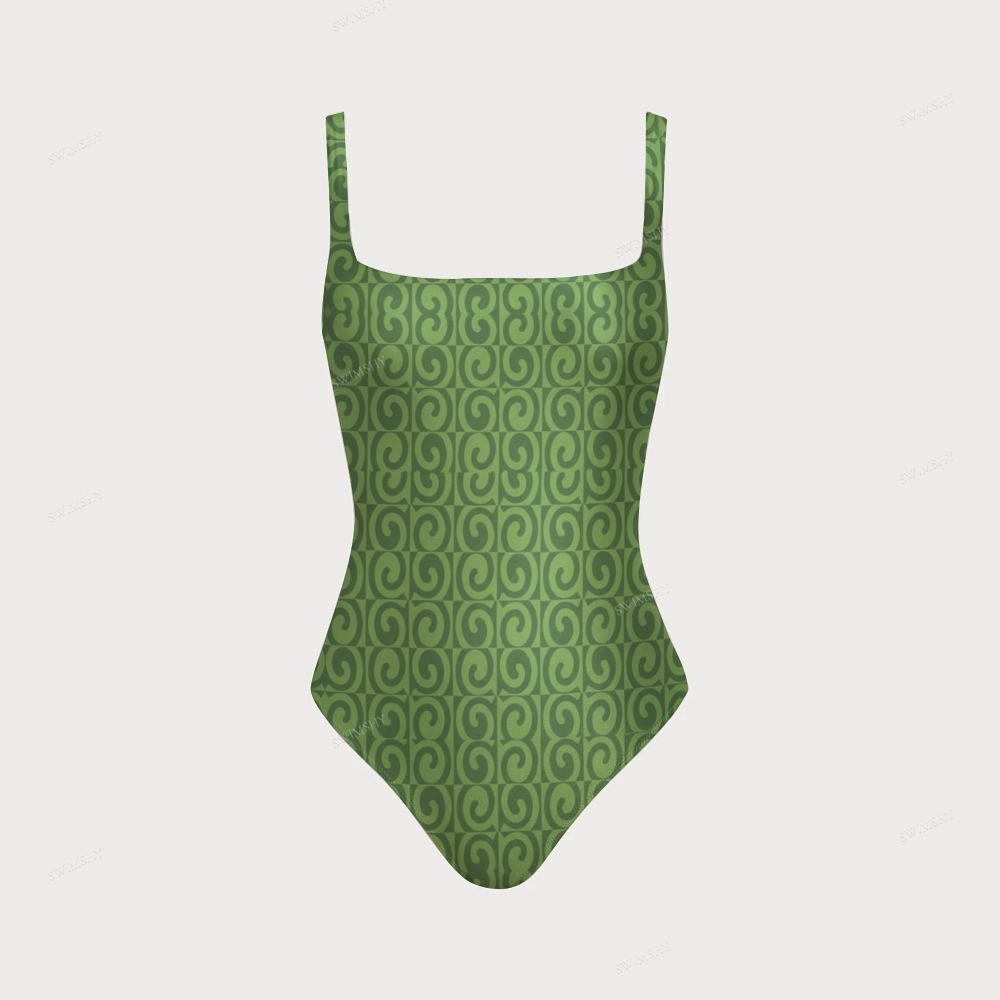 Tropical Green Swirl Tile Print Women's One-piece Swimsuit With Back Mesh Knot