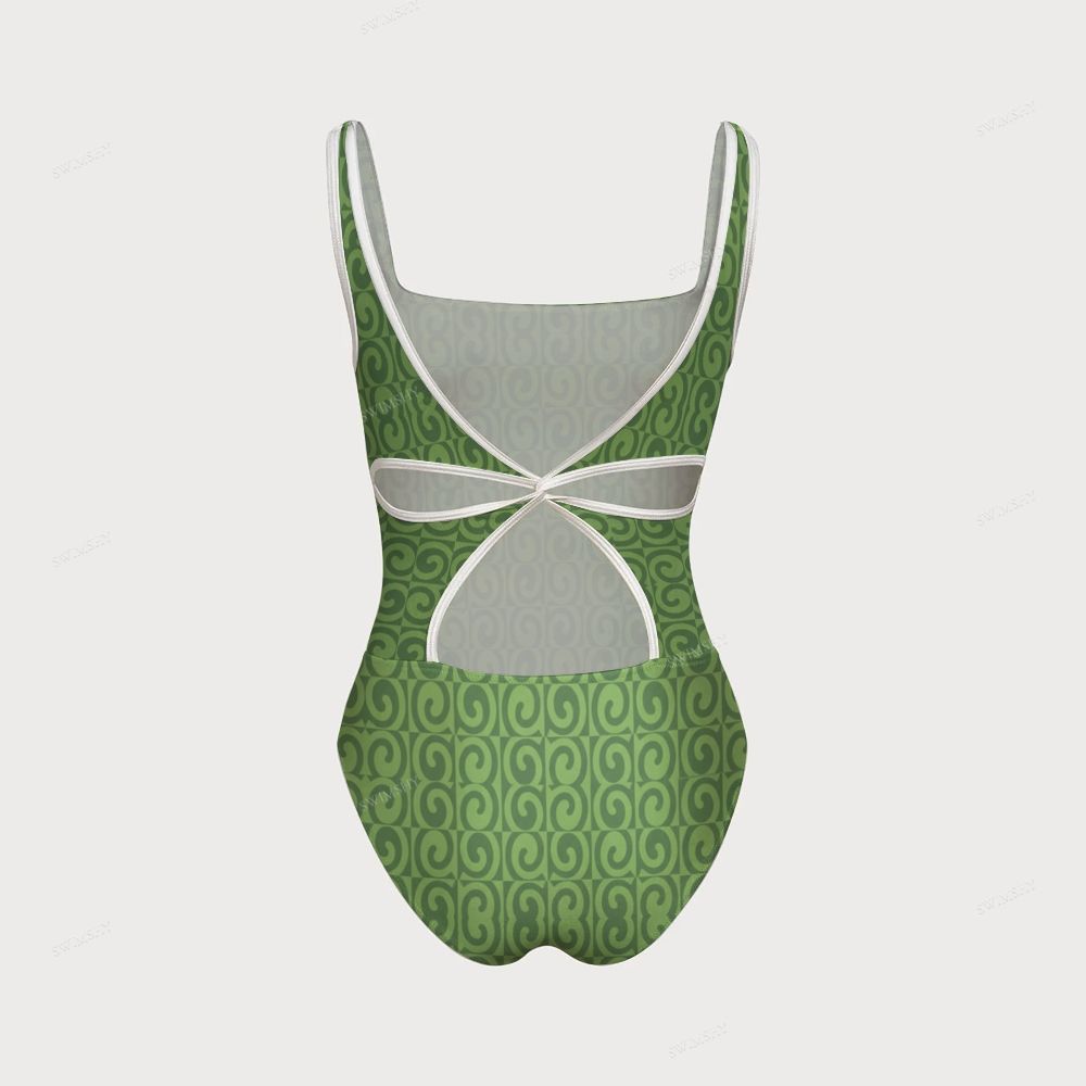 Tropical Green Swirl Tile Print Women's One-piece Swimsuit With Back Mesh Knot