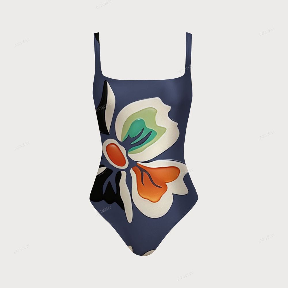 Modern Bold Flower Print Women's One-piece Swimsuit With Back Mesh Knot