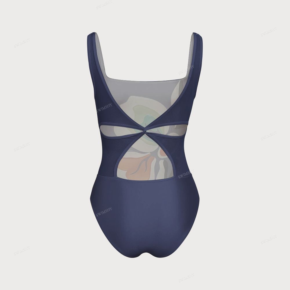 Modern Bold Flower Print Women's One-piece Swimsuit With Back Mesh Knot