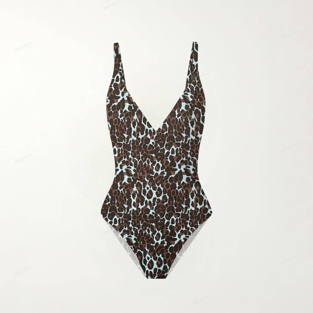 Wild Teal Leopard Print Plunging V-Back One-Piece Swimsuit