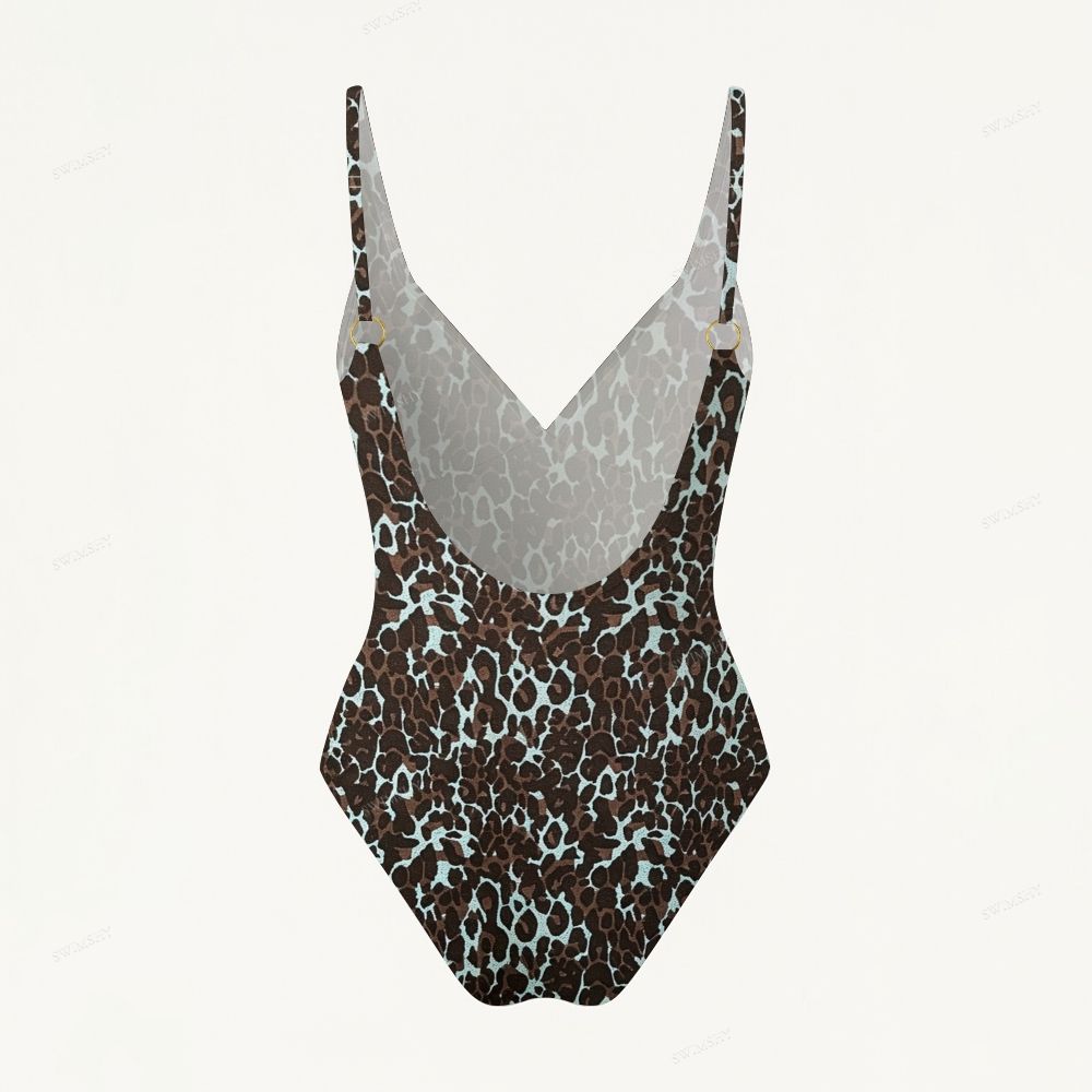 Wild Teal Leopard Print Plunging V-Back One-Piece Swimsuit