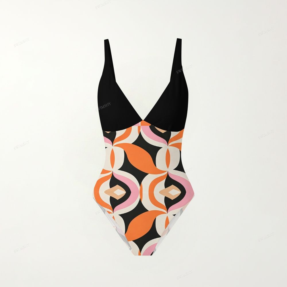 Orange Pink Abstract Print Plunging V-Back One-Piece Swimsuit