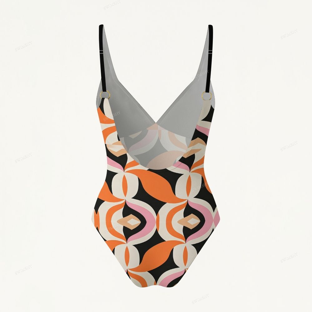 Orange Pink Abstract Print Plunging V-Back One-Piece Swimsuit