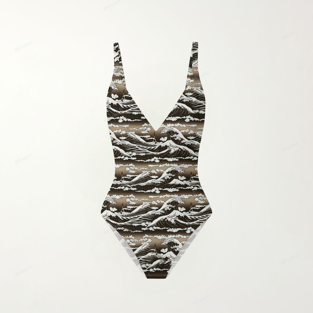 Ukiyo-E Wave Pattern Print Plunging V-Back One-Piece Swimsuit
