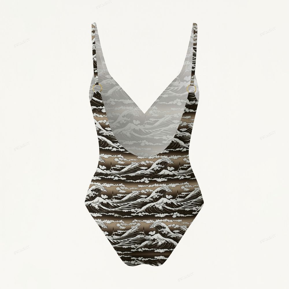 Ukiyo-E Wave Pattern Print Plunging V-Back One-Piece Swimsuit