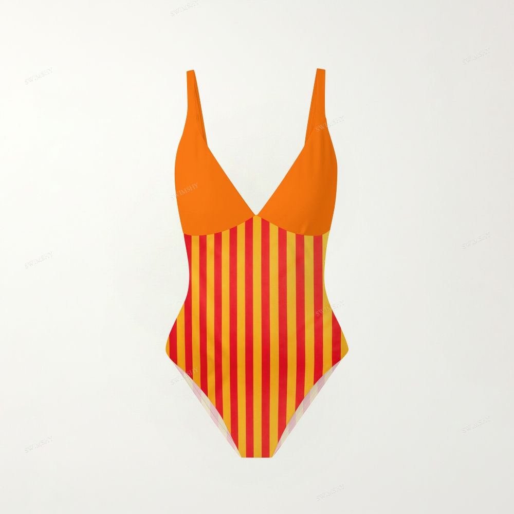 Red & Yellow Stripe Print Plunging V-Back One-Piece Swimsuit