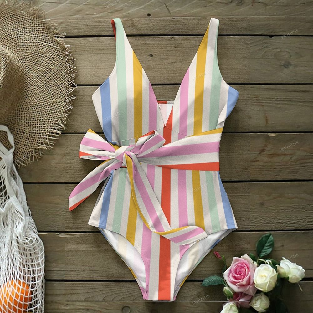 Pastel Candy Stripe Bow One-Piece Swimsuit