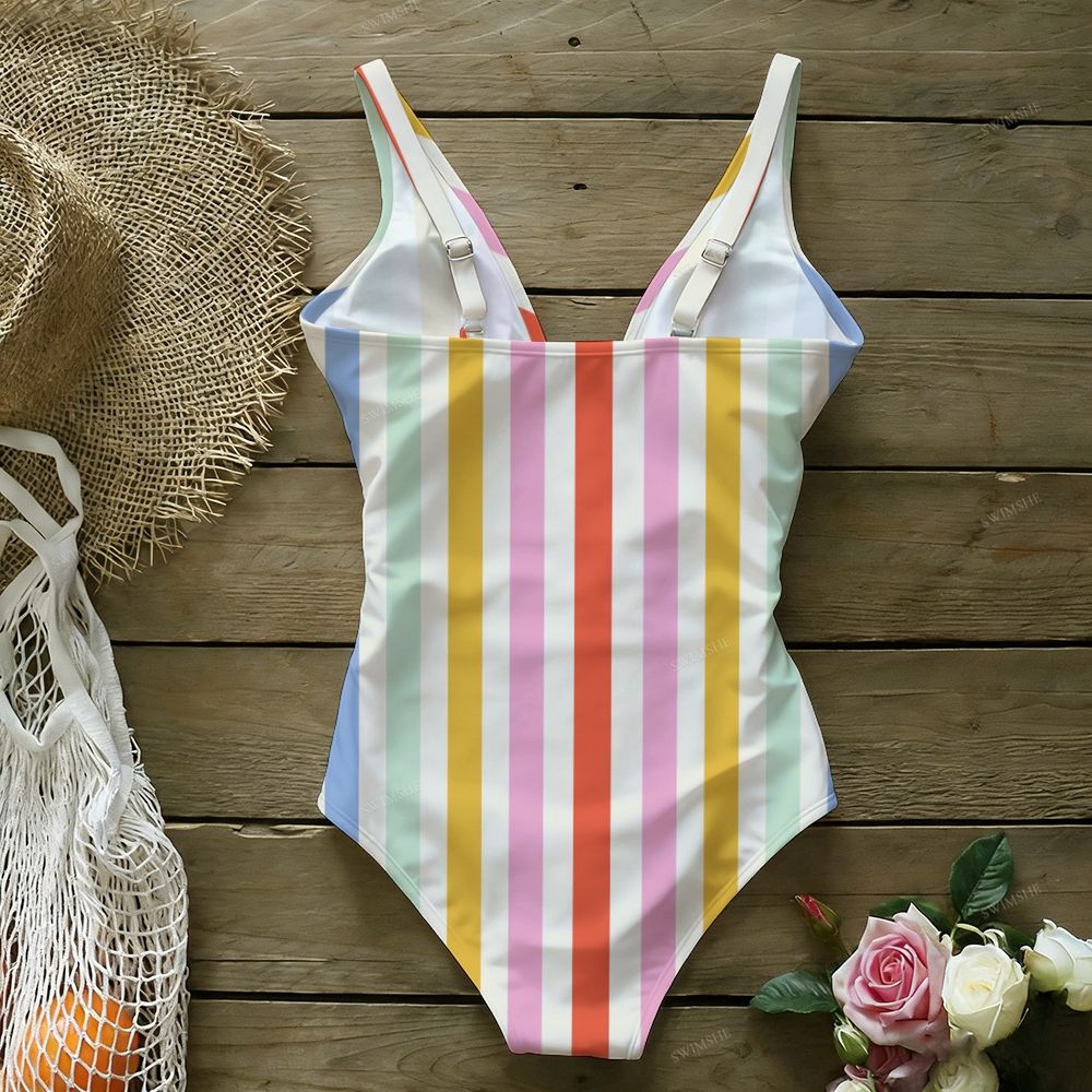 Pastel Candy Stripe Bow One-Piece Swimsuit