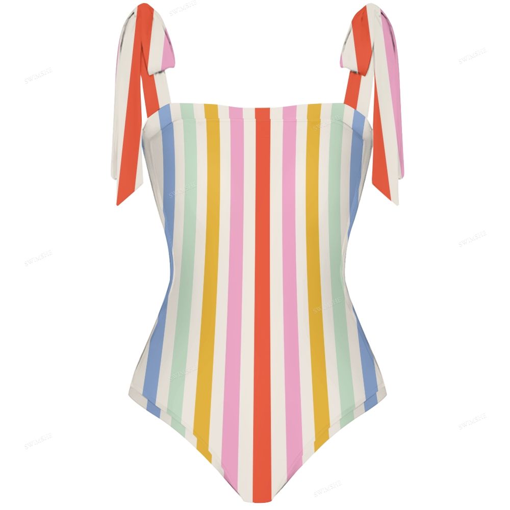Pastel Candy Stripe Bow One-Piece Swimsuit