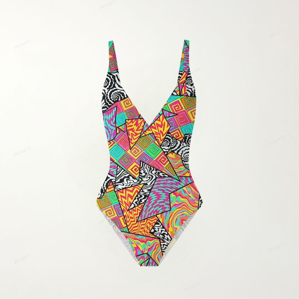 Trippy Geo Patchwork Print Plunging V-Back One-Piece Swimsuit