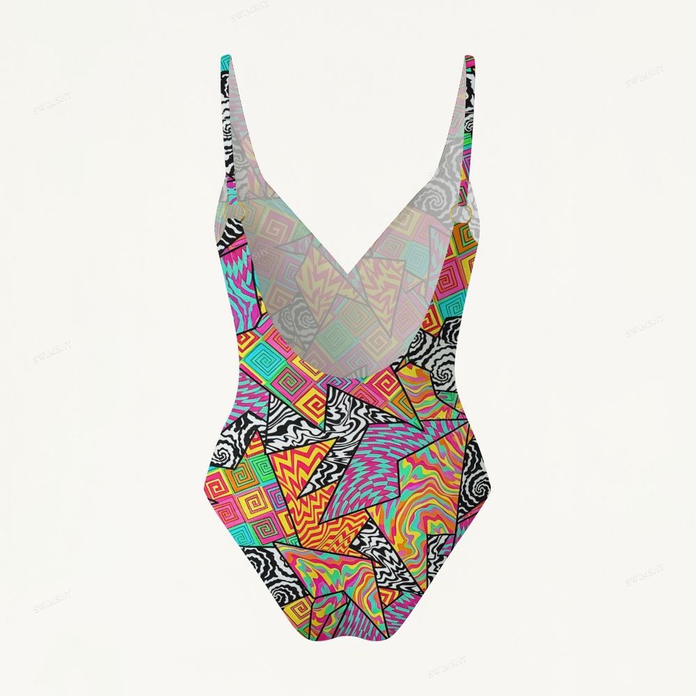 Trippy Geo Patchwork Print Plunging V-Back One-Piece Swimsuit