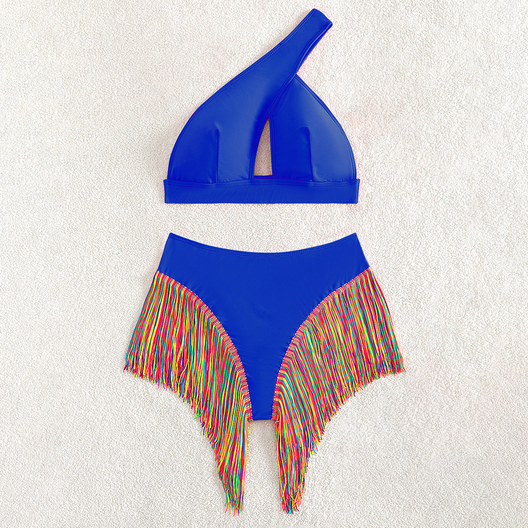 Sexy Solid Color One-Shoulder Two-Piece Swimsuit Set with Fringe Detail