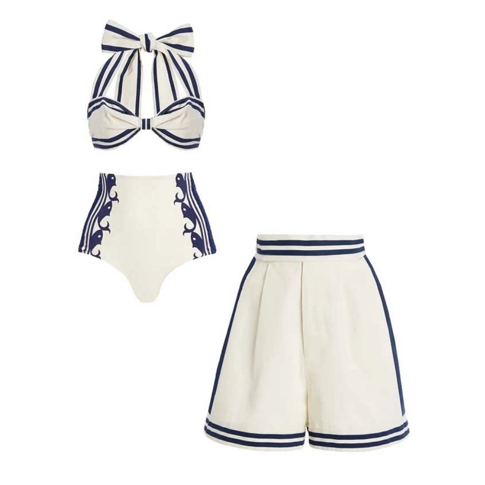 Navy Style Printed Bikini Swimsuit And Shorts