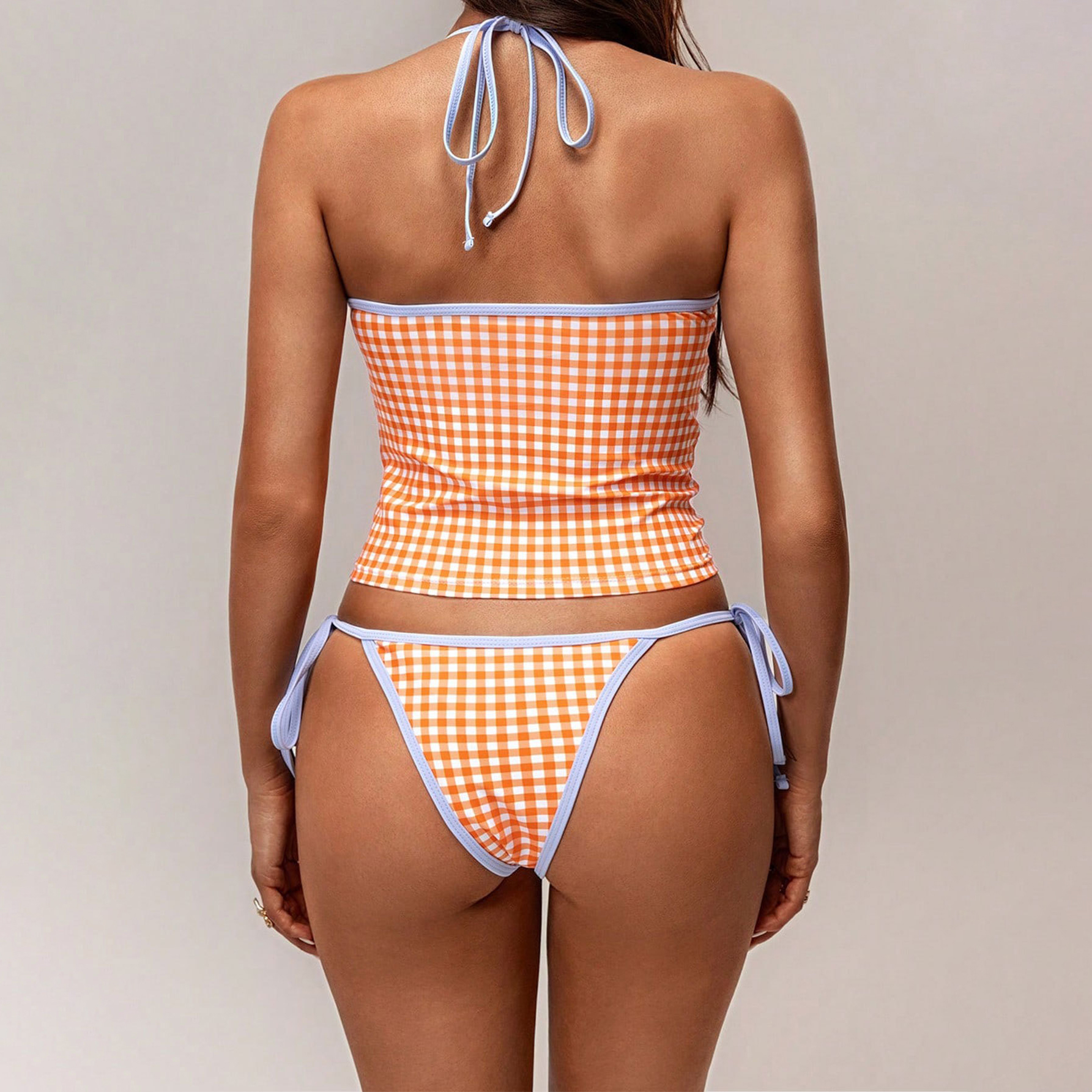 Women's V-neck Orange Gingham Tankini Swimsuit