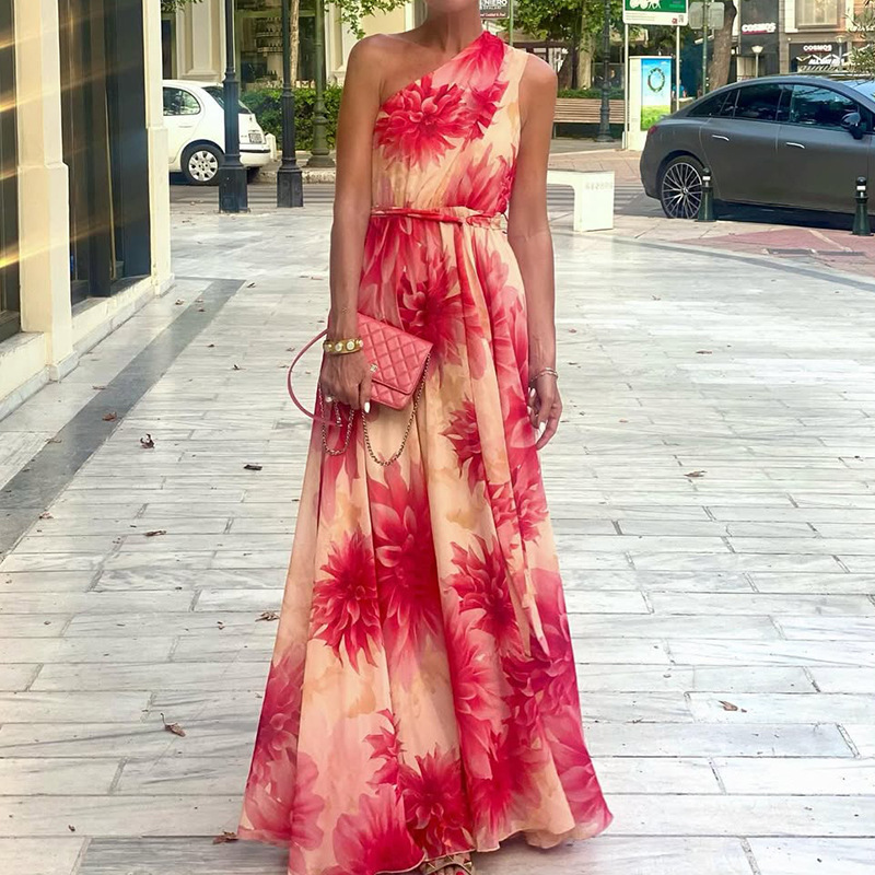 Women's Printed One-Shoulder Sleeveless Maxi Dress