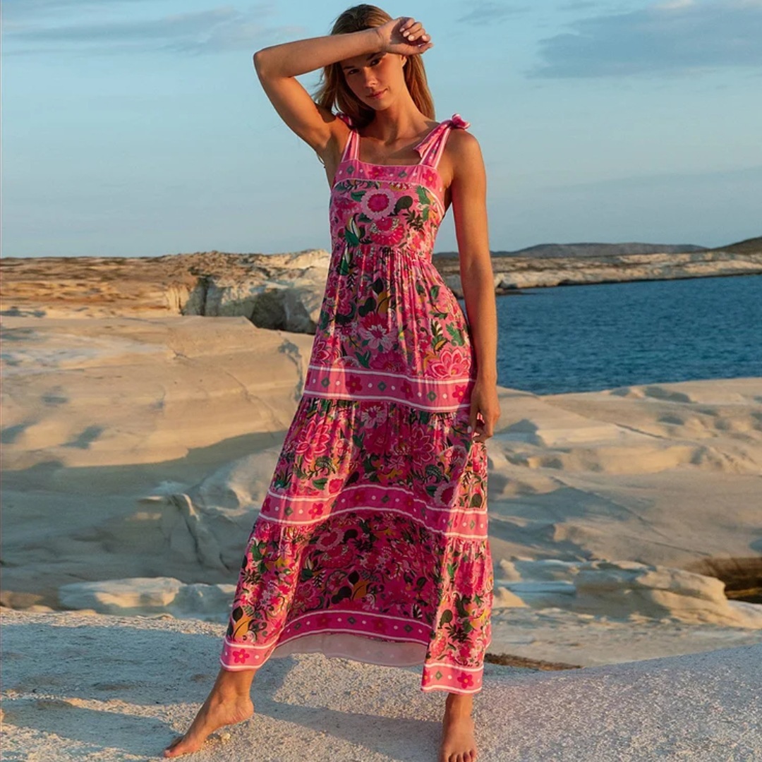 Pink Floral Paradise Print One Piece Swimsuit and Skirt