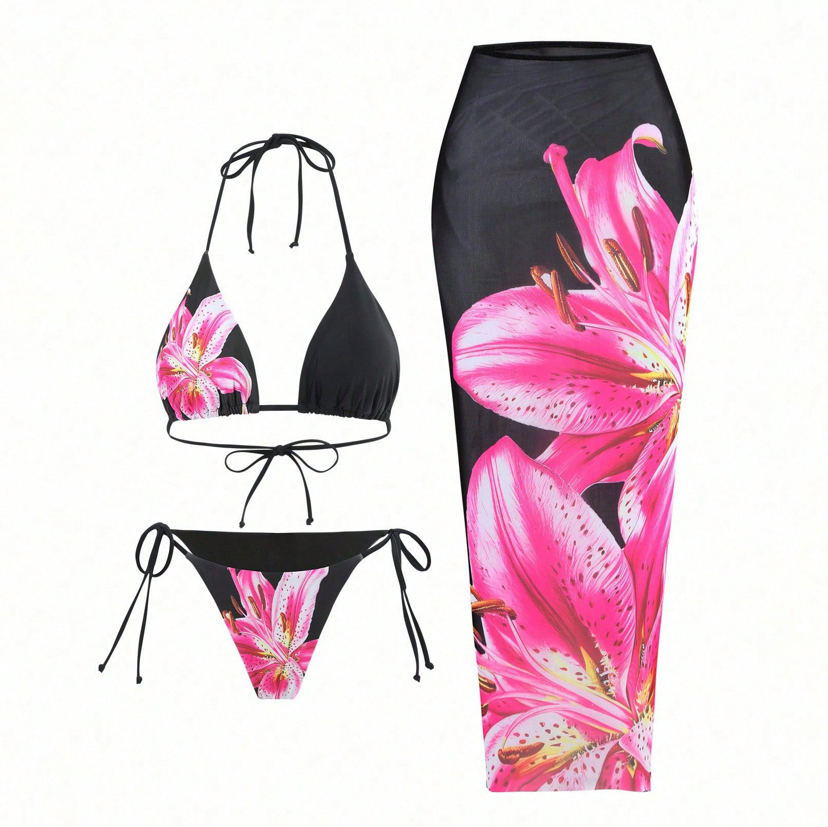 Women's Lily Print Bikini Set Two-Piece Swimsuit with Skirt