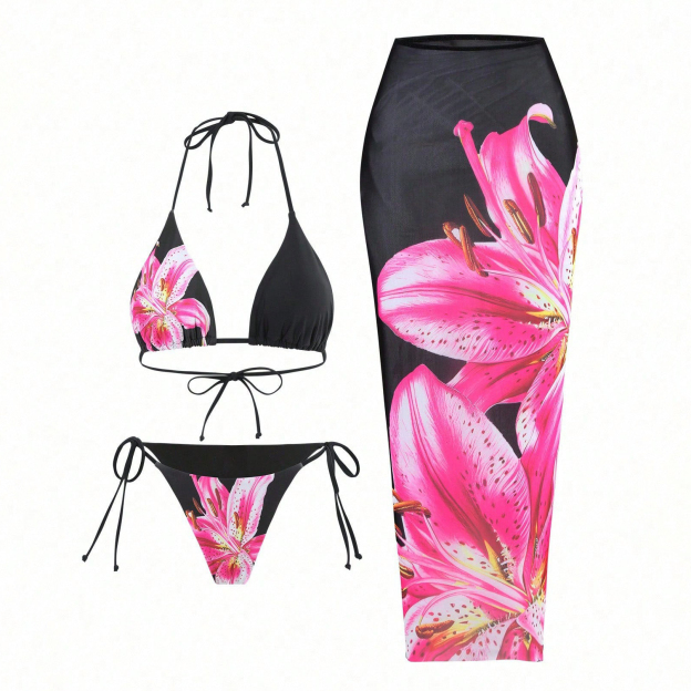 Women's Lily Print Bikini Set Two-Piece Swimsuit with Skirt