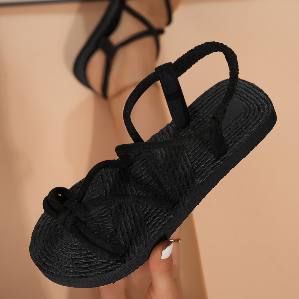 Black Rope Sandals with Knotted Toe Design Crisscross Straps Adjustable Ankle Wrap and Open Toe