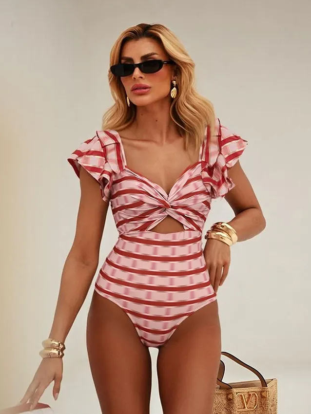Ruffle Red Striped Printed Swimsuit and Skirt