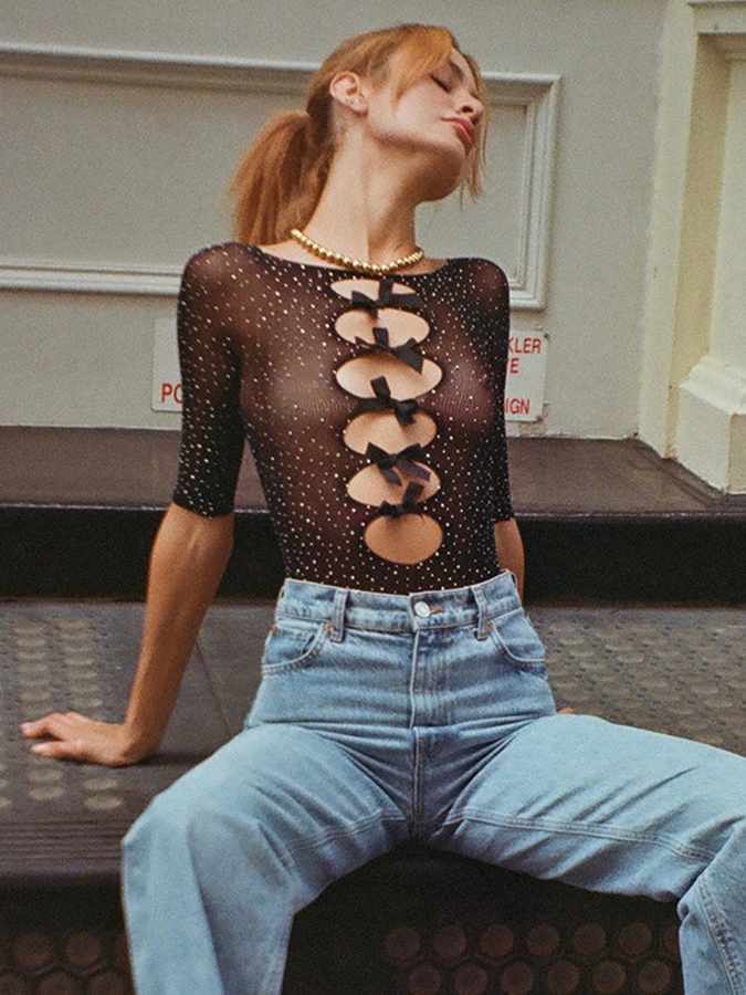 Sexy High-Elastic Knitted See-Through Bow Cutout Jumpsuit