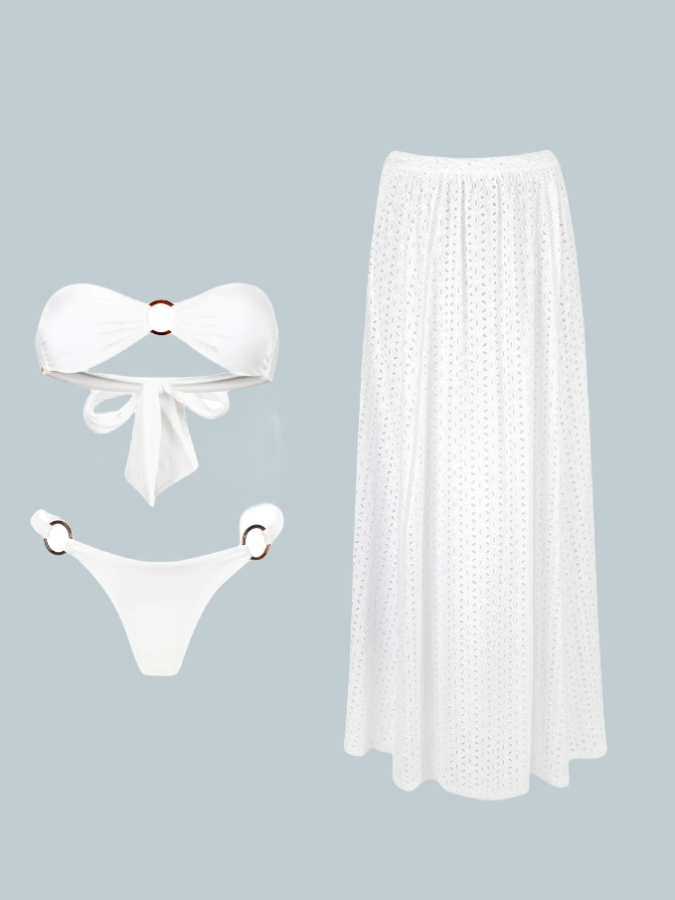 White Off Shoulder Bikini and Skirt Swimwear
