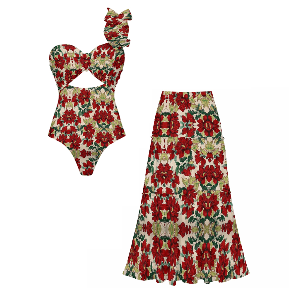 Vintage Floral Ruffled Cutout Swimsuit Maxi Skirt Two Piece Set