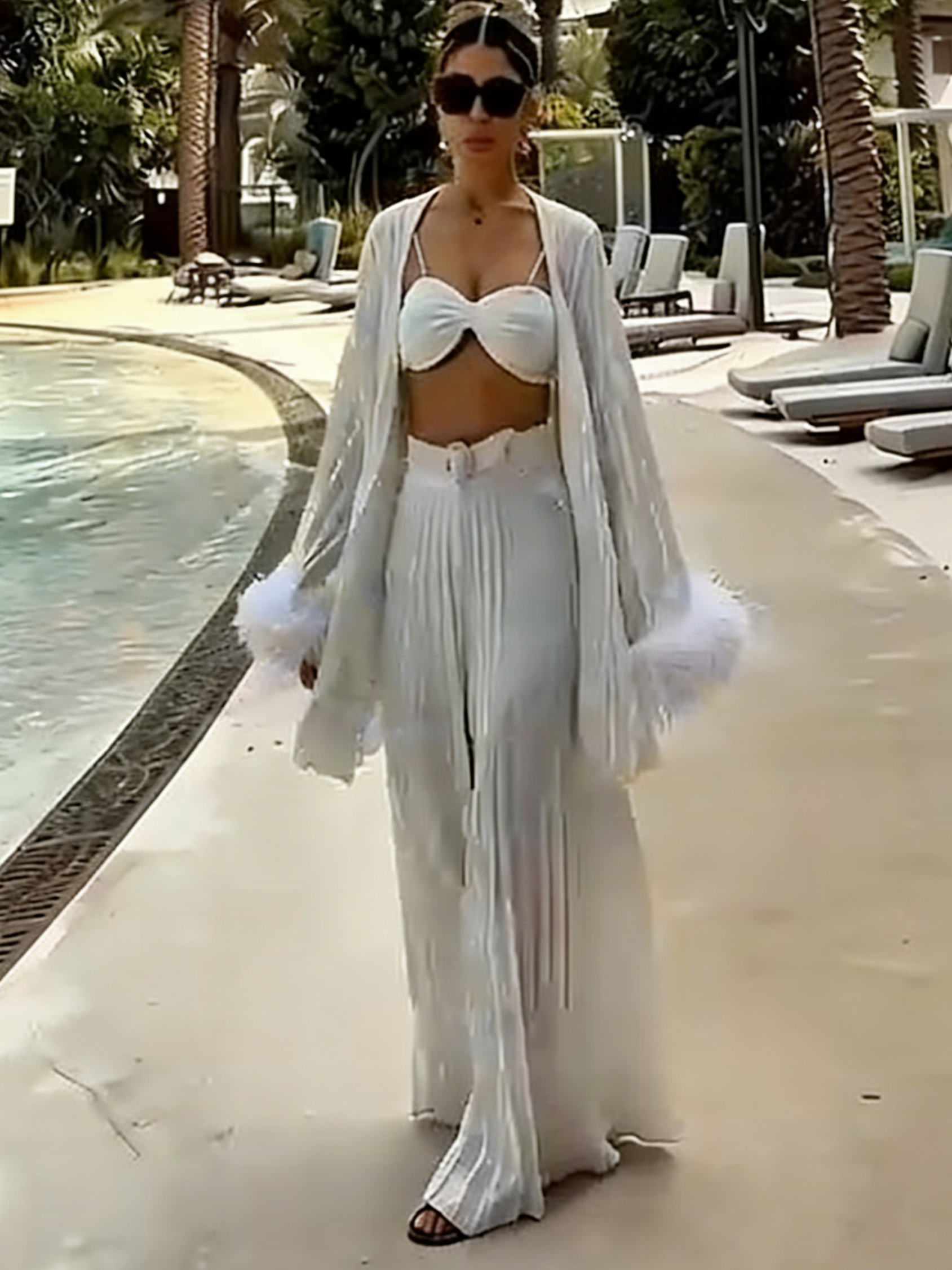 Seashell Soirée White Feathers Cuffs Trimmed 3 Pieces Luxury Trouser Set