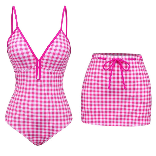 Women's Plaid Print One-Piece Swimsuit and Matching Skirt