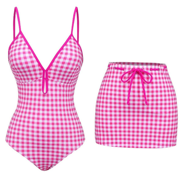 Women's Plaid Print One-Piece Swimsuit and Matching Skirt