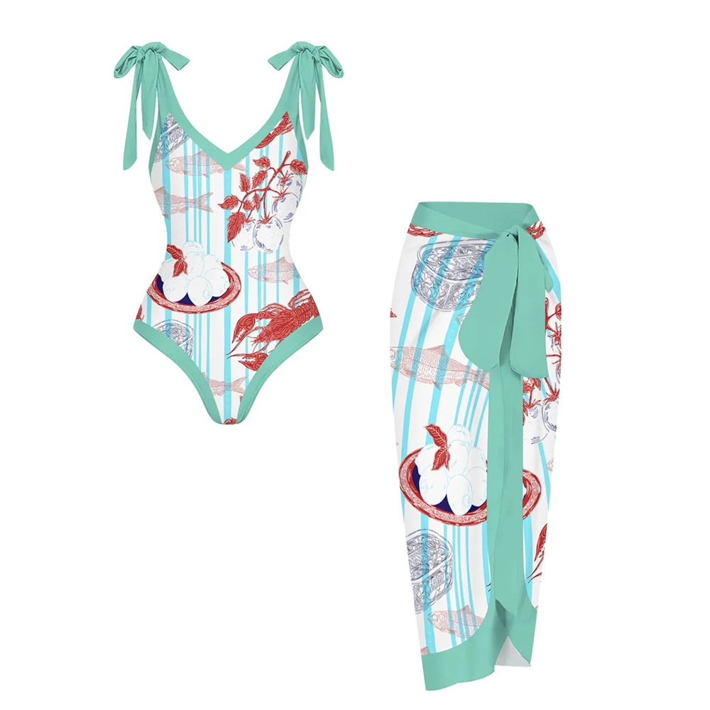 Striped One Piece Swimsuit and Coordinated Skirt with Seafood Illustration Set