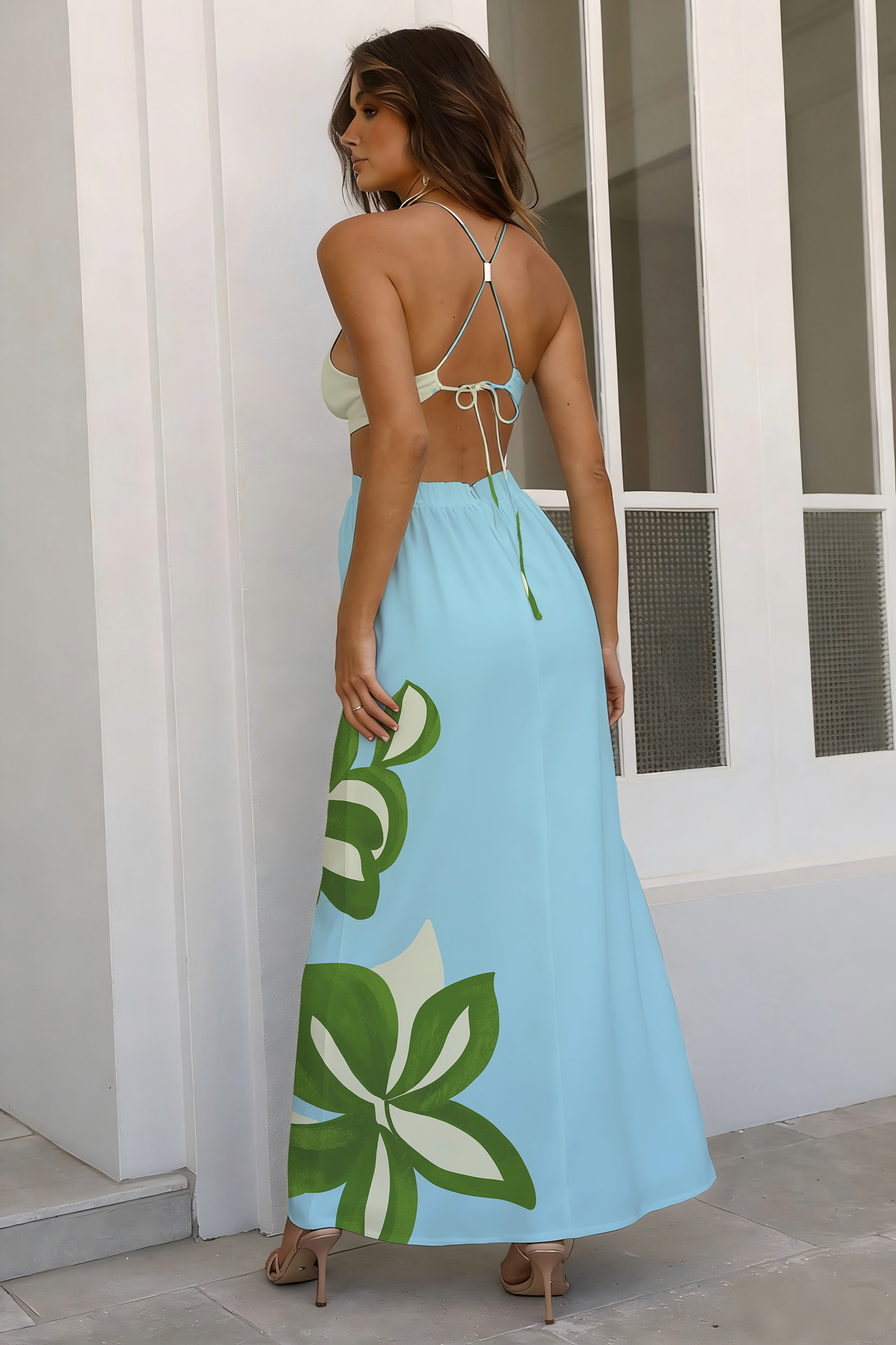 Sky Blue Tropical Leaf Cutout Maxi Dress