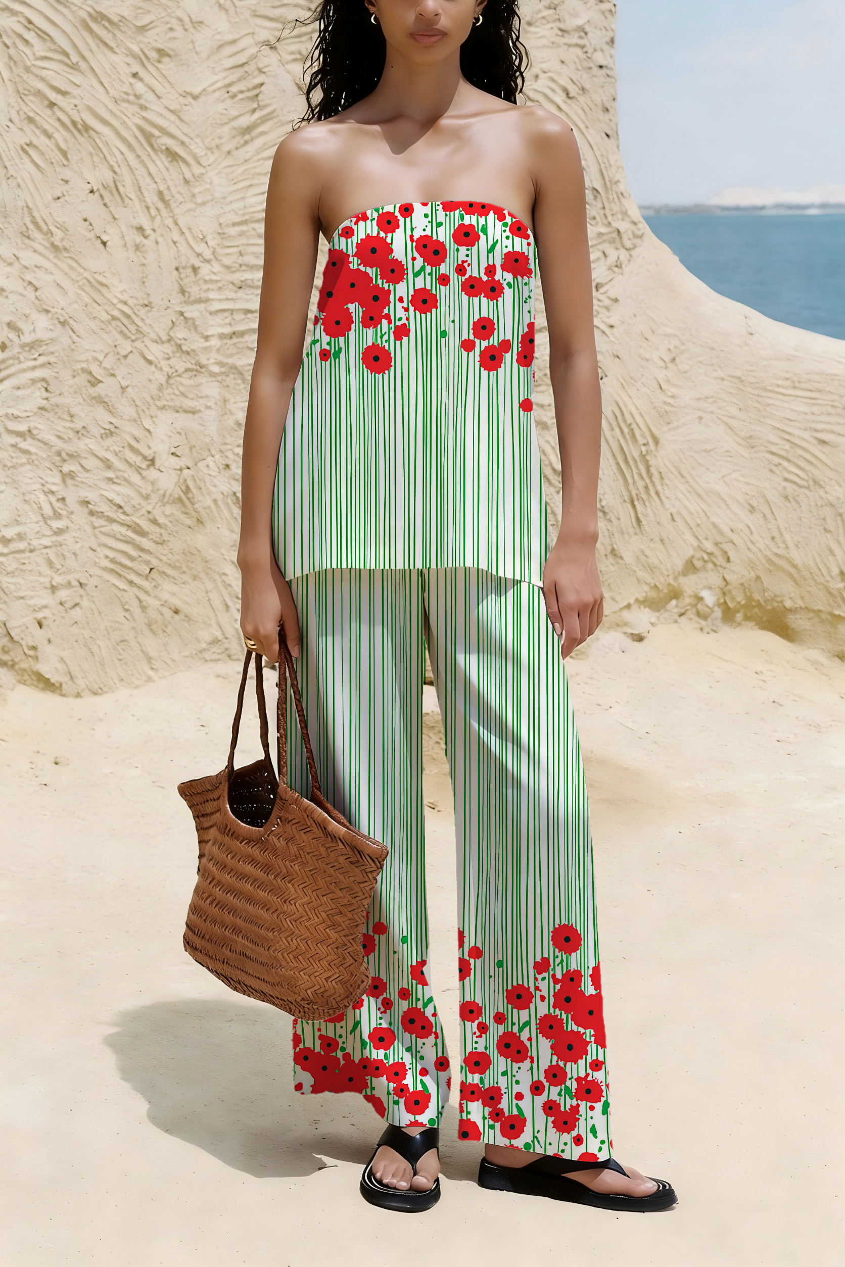 Red Poppy & Green Vertical Stripe Print Set