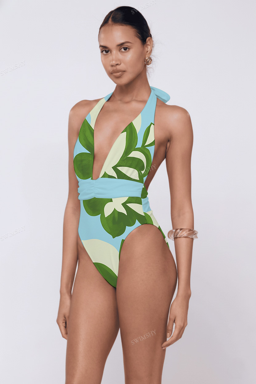 Sky & Sage Leaf Halter One-Piece