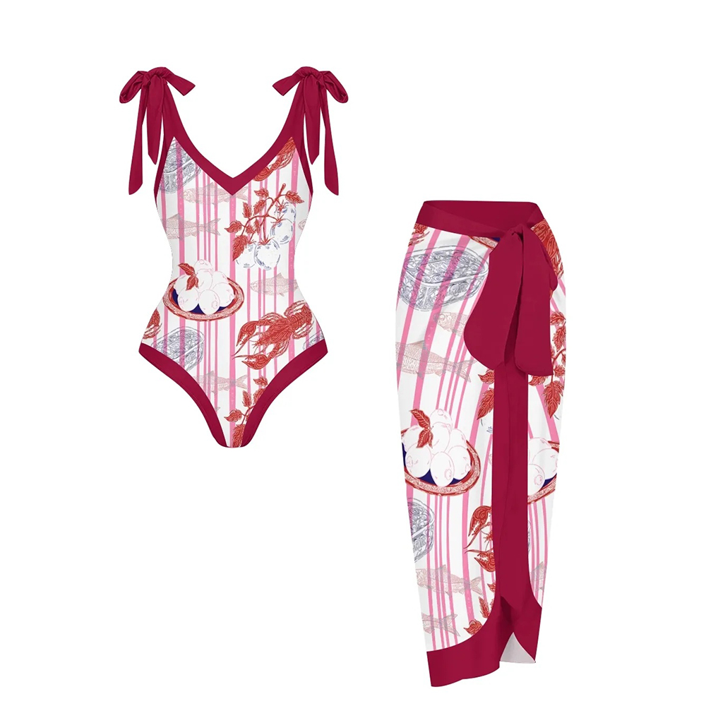 Striped One Piece Swimsuit and Coordinated Skirt with Seafood Illustra