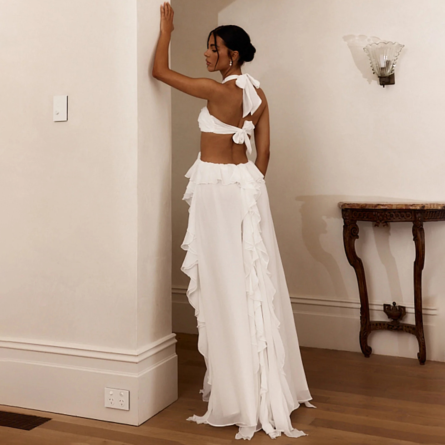 Santiago Cut-Out Ruffle Maxi Dress White