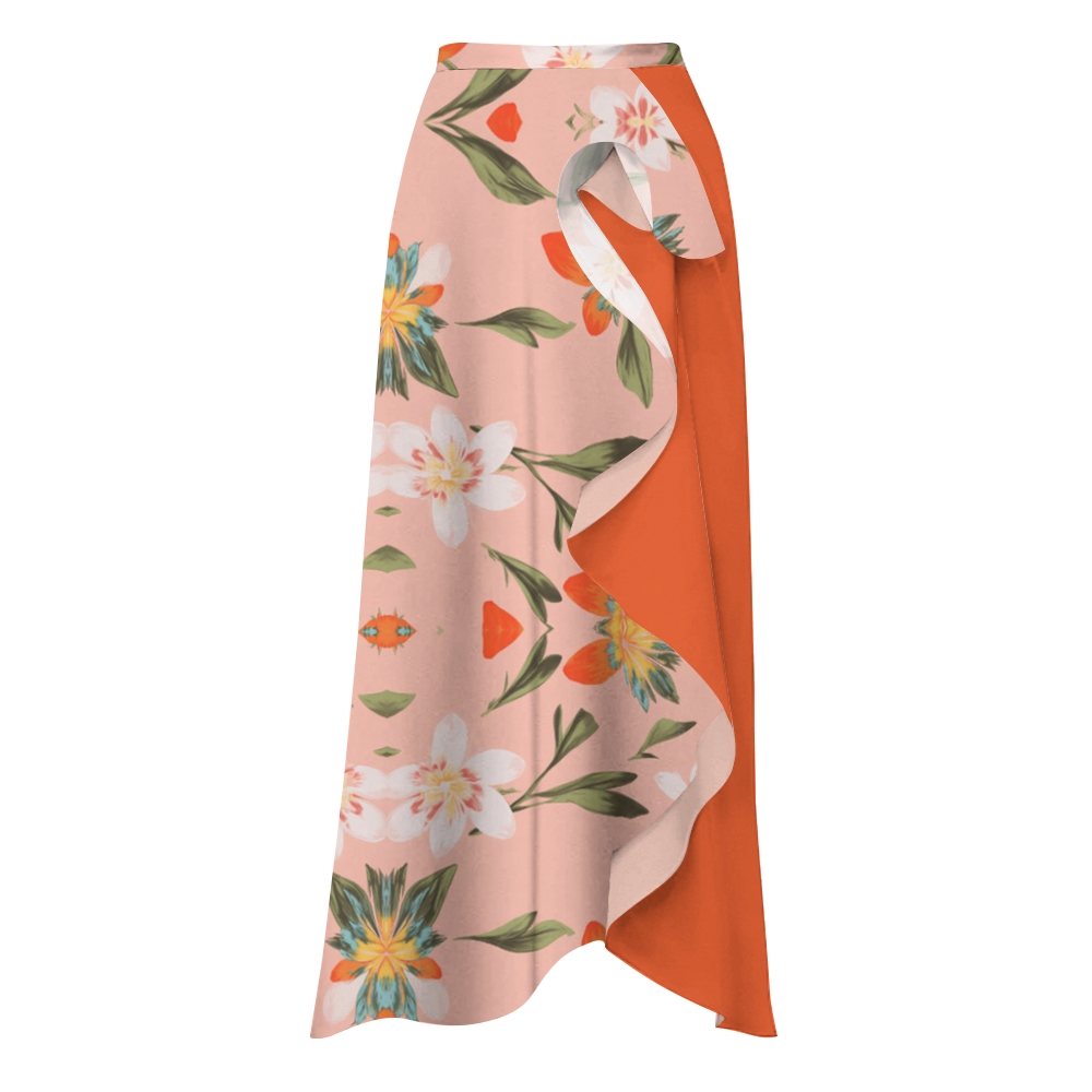 Scalloped Bikini Set with High-Waisted Bottoms and Floral Wrap Skirt