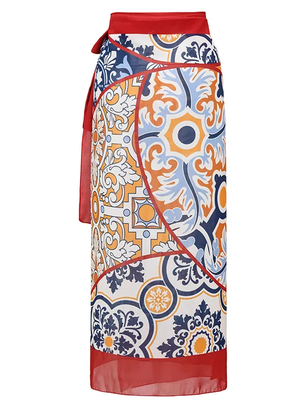 Vintage Printed Halter One Piece Swimsuit and Sarong