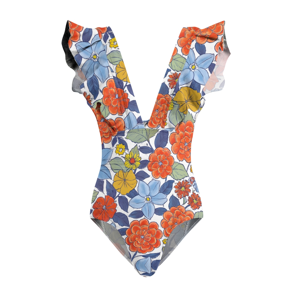 Deep V Floral Ruffle Strap One Piece Swimsuit with Matching Wrap Skirt