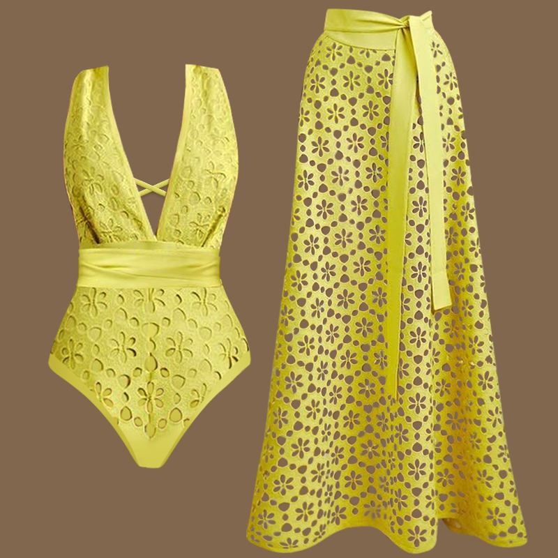 Women's V Neck Bestselling Sexy Solid Color Cut-Out One-Piece Swimsuit Set - Yellow