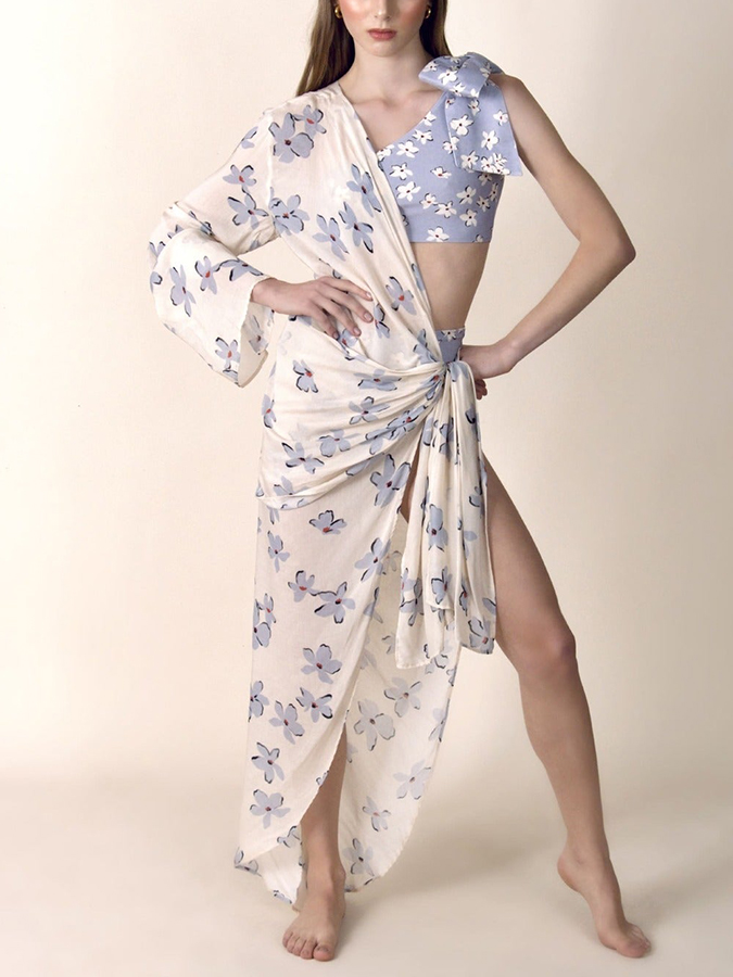 One-Shoulder Floral Print Bikini and Cover-Up